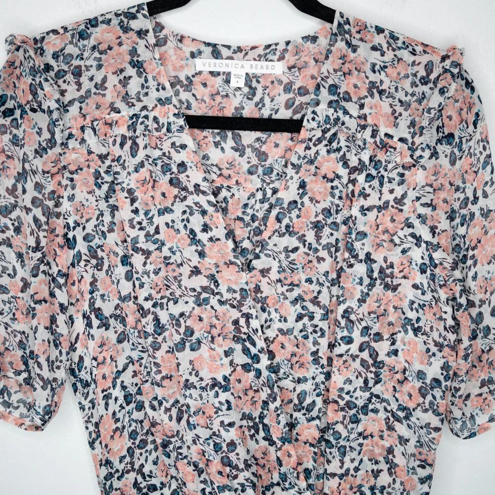 Veronica Beard Dakota Dress Gardenia Floral Print Ruched Mini Silk N14 - Picture 5 of 9